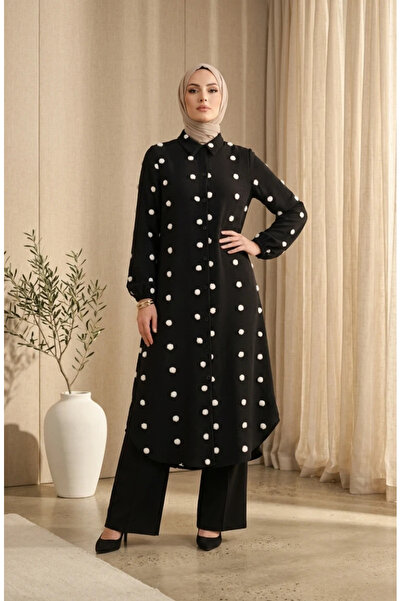 sefamerve Shirt Collar Pompom Detailed Tunic 0352-03 Black