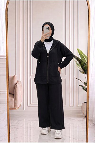 Holehola طقم سروال بجيب كانجارو وسحاب وغطاء رأس من Şahsu - GS2943 أسود