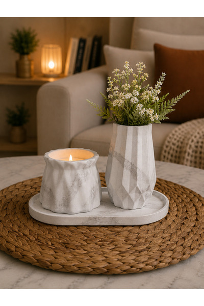 Mermer Görünümlü Siyah Vazo mum 3'lü Set (Çiçekler Dekor Amaçlıdır)