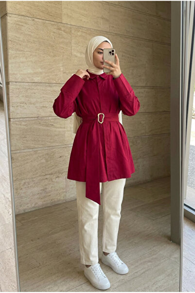 Kirazca Butik Women's Trend Belt Detailed Oversize Shirt Tunic