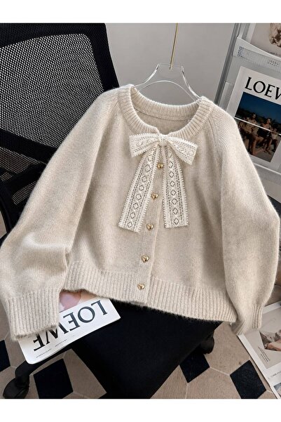 NATUFIAN STORE Women's Bow-Tie Lace-Up Heart-Button Soft Basic Knitwear Cardigan