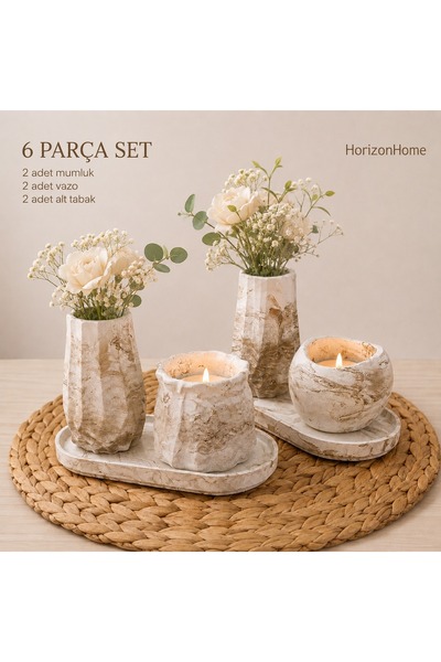 Dekoratif Gold Vazo ve Mum 6'lı Set (Çiçekler dekor amaçlıdır)