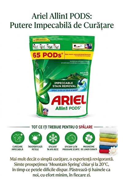 Generic Brand Detergent Capsule All-in-1 Mountain Spring, 65 Spălări, Îndepăr...