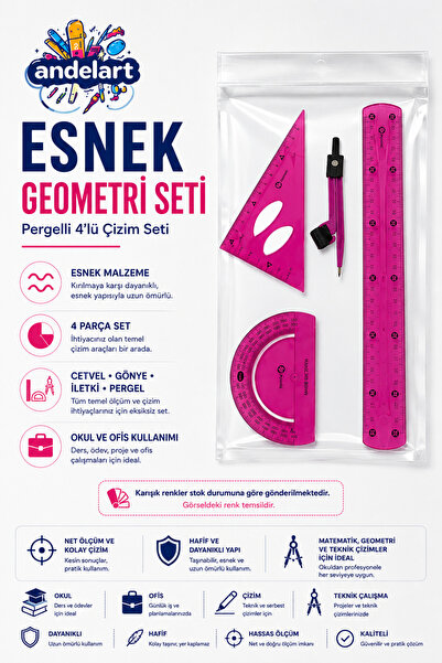andelart Esnek Pergelli Geometri Seti 4’lü – Cetvel, Gönye, İletki ve Pergel ...