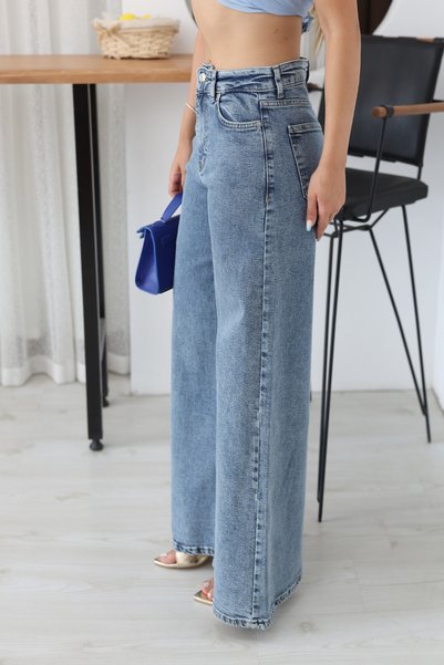deqfashion Women's Blue Lycra Wide Leg Jean Trousers High Waist Loose Leg