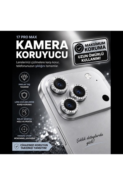 17 Pro Max Uyumlu Premium Silver Taşlı Kamera Lens Koruyucu – Maksimum Koruma, Şık Tasarım