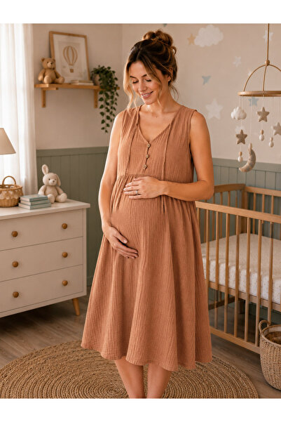 cesita Women's Tan Color 100% Cotton Muslin Fabric Loose Maternity Dress
