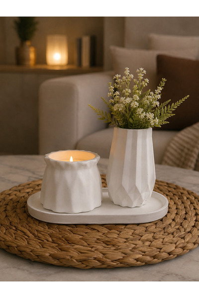 3'lü Vazo Mum Dekoratif Set (Çiçekler Dekor Amaçlıdır)