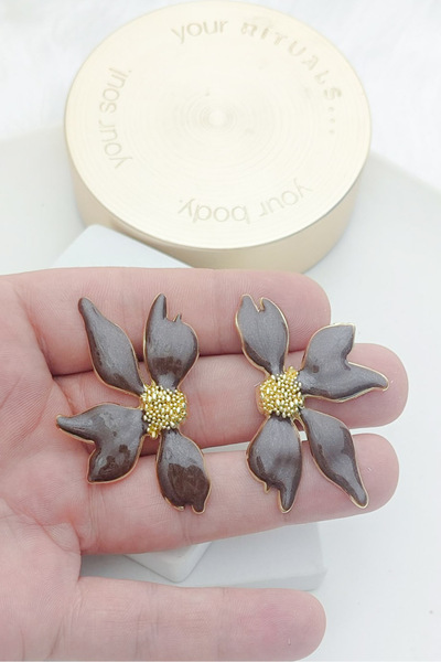 KYOLA DESİGN Brown Pearlescent Big Flower Gold Women's Earrings (6cm)