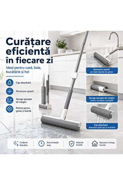 Generic Brand Mop cu stoarcere integrată și burete absorbant, mâner lung, sistem compact de depozitare, 147 cm