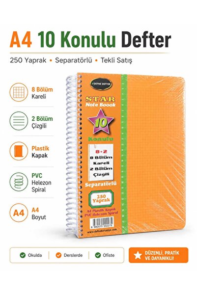 DEFNE DEFTER Star 10 Konulu A4 Defter 250 Yaprak (8 Bölüm Kareli + 2 Bölüm Çi...