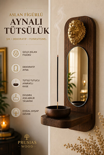 Prusias Wood Aslan Figürlü Aynalı Duvara Asmalı Ahşap Tütsülük ve Dekoratif D...