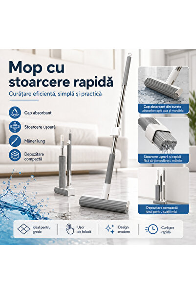 Generic Brand Mop with integrated wringing and absorbent sponge, long handle,...