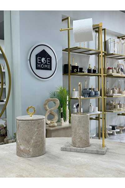 Ege Home Decoration سلة مهملات من الرخام الطبيعي باللون البيج/فرشاة مرحاض ومن...