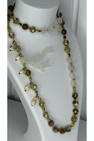 Tuvita Collection Bodrum Natural Stone Long Necklace with Agate, Moonstone, A...