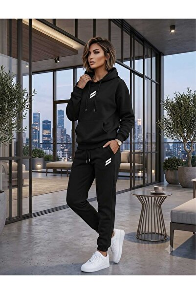 CLOTHES33 Hooded Tracksuit 2-Piece Combination Winter Patterned Double Line P...