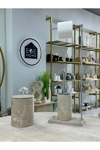 Ege Home Decoration سلة مهملات من الرخام الطبيعي باللون البيج/فرشاة مرحاض ومن...