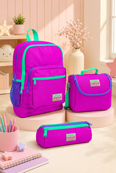 Coral High 23704 Four-Compartment 3-Piece School Bag Set with Lunch Box and P...