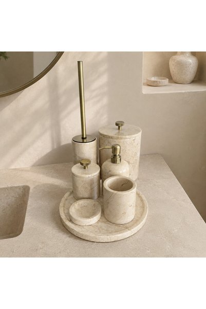 LİSPERA Beige Marble Seven-Piece Bathroom Set with Metal Fittings