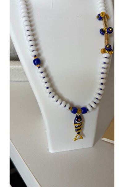 Tuvita Collection Bodrum White Beaded Blue Fish Detailed Handmade Women's Nec...