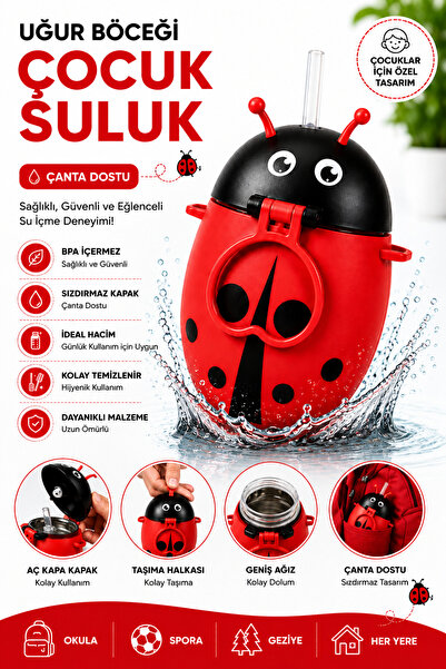 MGEStore Ladybug Children's Water Bottle with Straw, Portable School Water Bo...