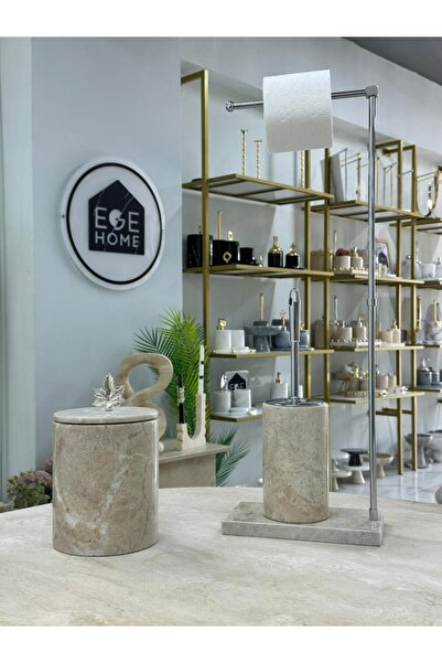 Ege Home Decoration Decorative Beige Natural Marble Trash Can/ Toilet Brush W...