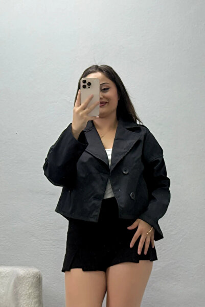 BELENDİR Women's Unlined Double-Breasted Collar Short Trench Coat Black