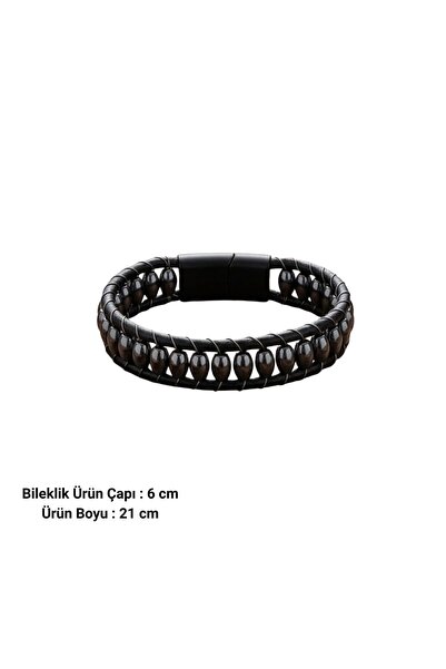 HOBİSY GIFT SHOP Özel Tasarım Siyah Deri ve Hematit Boncuklu Çelik Klipsli Erkek Bileklik