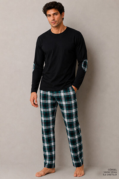 Erkek Ekose Desenli Yama Detaylı Pamuklu Uzun Kollu Pijama Takımı
