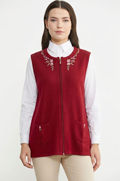 Sementa Vestă din lână cu broderie și fermoar - Roșu