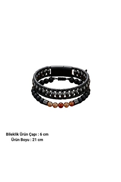 HOBİSY GIFT SHOP Siyah Deri ve Mat Oniks Doğal Taş 2'li Kombin Erkek Bileklik Seti