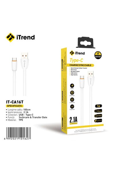 itrend Cablu USB la USB-C IT-CA16T, 1 m, Încărcare 2.1A, TPE, Alb