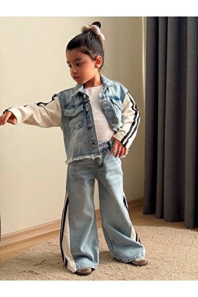 Toi Kids KIZ ÇOCUK ŞERİT DETAYLI KOT CEKETLİ 3’LÜ KIZ TAKIM