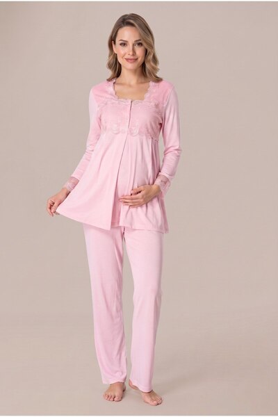 LOHOUSE Women's Powder Long-Sleeved Lace Maternity Pajama Set for Easy Breast...