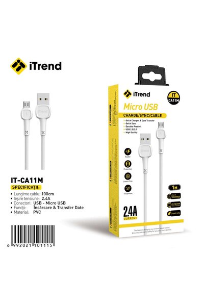 itrend Cablu USB la Micro USB IT-CA11M, 1 m, Încărcare Rapidă 2.4A, PVC, Alb