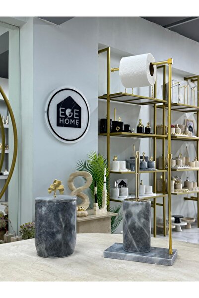 Ege Home Decoration Decorative Gray Natural Marble Trash Can/ Toilet Brush Wc...