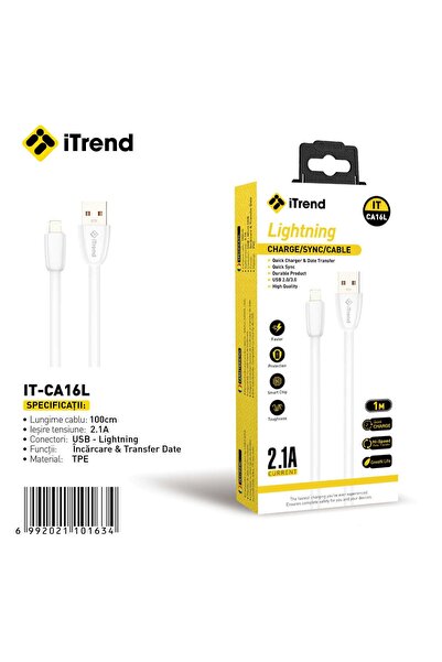 itrend Cablu USB la Lightning IT-CA16L, 1 m, Încărcare 2.1A, TPE, Alb