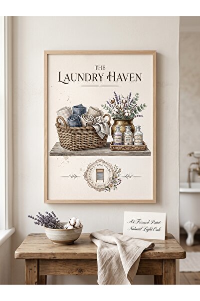 DEKORASOR Ahşap Çerçeveli Tablo Laundry Haven Yazılı Çamaşır Odası Ve Banyo D...