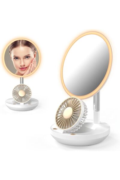 ANGJU 3-in-1 LED Makeup Mirror with Fan, Rechargeable Portable Cordless Fan, ...