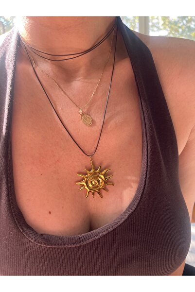 Hoop jewelery Leather Cord Steel Sun Pendant