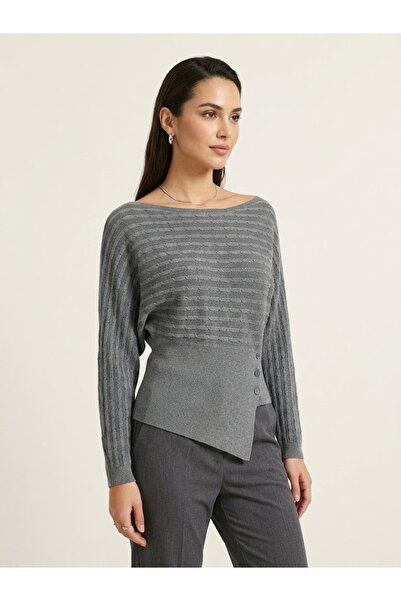 ON TRİKO Boat Neck Button Detailed Asymmetrical Cut Knitwear Sweater 15356