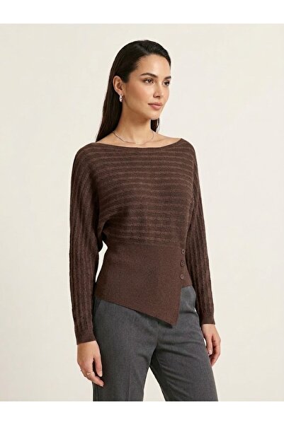ON TRİKO Boat Neck Button Detailed Asymmetrical Cut Knitwear Sweater 15356