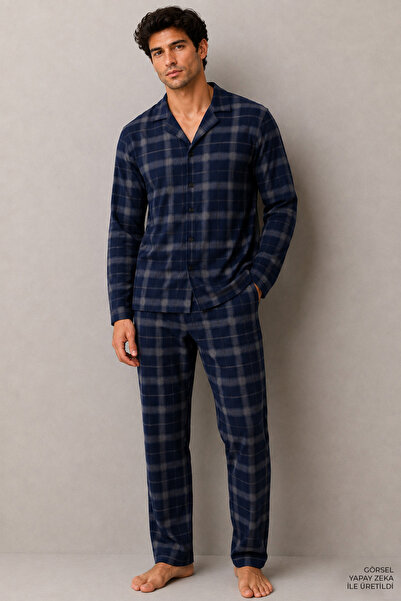 Erkek Mavi Ekose Desenli Pamuklu Gömlek Yaka Pijama Takımı