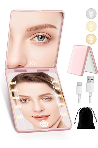 Generic Compact Mirror, Rechargeable 30X Magnifying Mirror with 3 Lighting Mo...