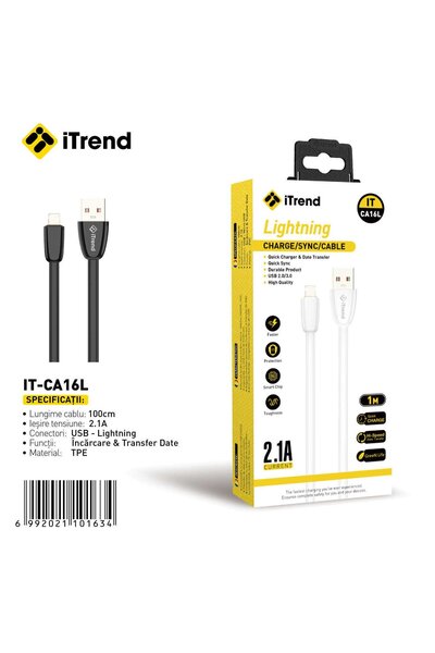 itrend Cablu USB la Lightning IT-CA16L, 1 m, Încărcare 2.1A, TPE, Negru