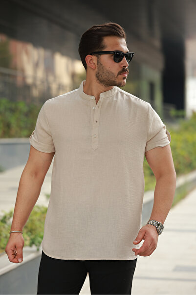 urban wear URBAN ERKEK EKRU Hakim Yaka Keten Gömlek - 2536