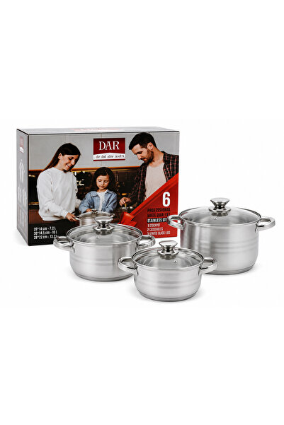 DAR Set oale inox DAR, 6 piese, 3 oale cu capace din sticlă, 7.2 L / 10 L / 1...
