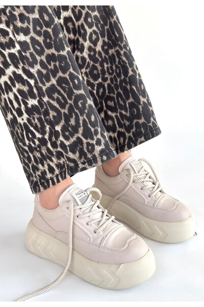 NESSİMO Beige Leather Lace-Up Sneakers