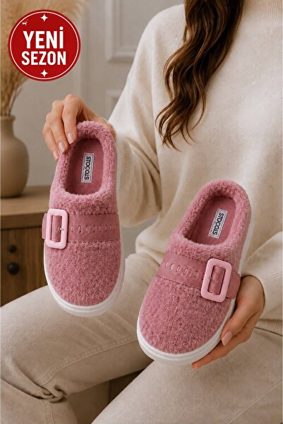 STOCON Women's Powder Pink Buckle Plush Winter House Slippers Dowry Slippers ...