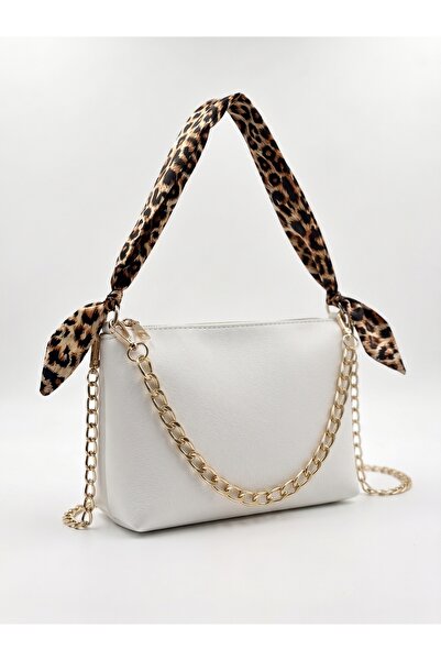 PurpleART Women's White Scarf and Chain Detailed Shoulder Bag Crossbody Zippe...